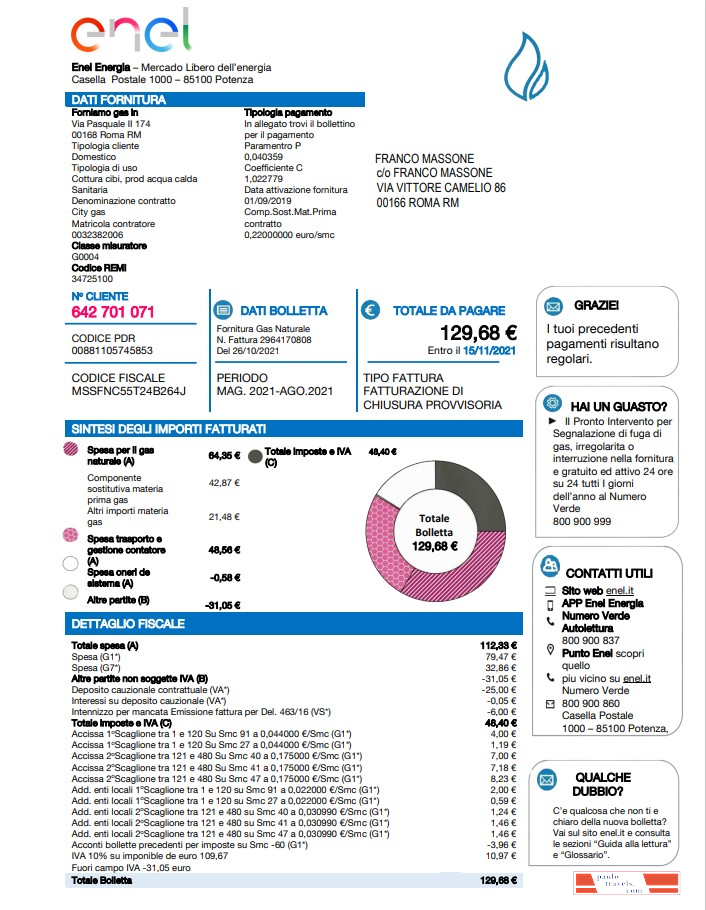 Italy Enel Energia utility bill template in Word and PDF format